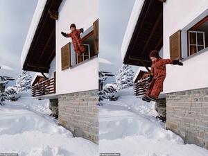 The brave youngster performs a stylish jump into the snow, which his father films in slow motion. (Instagram)