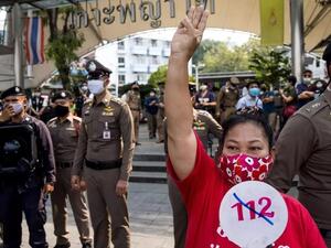 A woman protesting against section 112 of Thailand's penal code, which deals with lese majeste at Victory Monument in Bangkok on January 16 Jack TAYLOR AFP/File