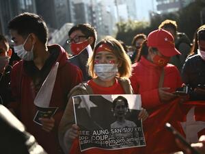 A group of Myanmar activists protests outside outside the United Nations university building in Tokyo on February 1, 2021 following a military coup in the country by a general after arresting civilian leader Aung San Suu Kyi and other senior officials. Philip FONG / AFP