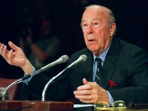  In this file photo former US Treasury Secretary and Secretary of State George Shultz testifies before the US Senate Foreign Relations Committee on February 29, 2000 on Capitol Hill in Washington, DC. George Shultz, Ronald Reagan's genial secretary of state who identified a diplomatic opening that helped end the Cold War but contributed to a new brand of conflict by advocating preemptive strikes, has died. He was 100. "One of the most consequential policymakers of all time, having served three American pres