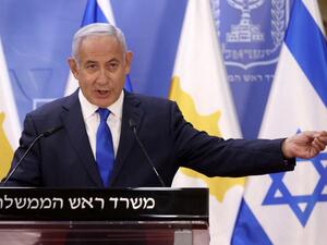 Israeli Prime Minister Benjamin Netanyahu speaks during a joint press statement with the visiting President of Cyprus, after their meeting at the Prime Minister's office in Jerusalem on February 14, 2021. Marc Israel SELLEM / POOL / AFP