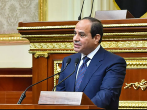 Egyptian President Abdel Fattah al-Sisi giving a speech during his swearing in ceremony on June 2, 2018, for a second four-year term in office, at the parliament meeting hall in Cairo. (Egyptian presidency / AFP )