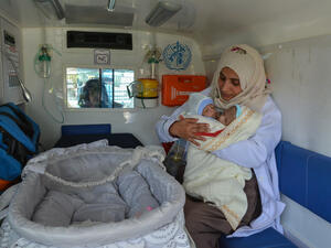 Health worker carrying conjoined twins in the ambulance at Sanaa Airport-photo curtesy of UNICEF  Thanks to generous contributions from multiple private individual donors, UNICEF was able to cover the medical and logistical expenses of this operation.