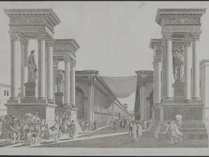 Imaginary view of Tetrapylon with agora in background, anonymous artist after Louis-François Cassas, ca. 1799. Proof-plate etching. 17.3 x 27.9 in. (44 x 71 cm). (Getty Research Institute, 84001)