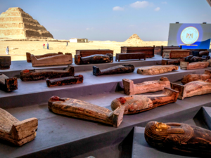 Mummies in Cairo by the pyramids