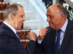 Russian Foreign Minister Sergei Lavrov and Egyptian Foreign Minister Sameh Shoukry hold a joint press conference following their talks in Cairo on April 12, 2021. (AFP) Egypt has full water rights in the Nile