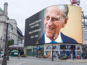 The giant screens of Piccadilly Circus paying respect to His Royal Highness Prince Philip
