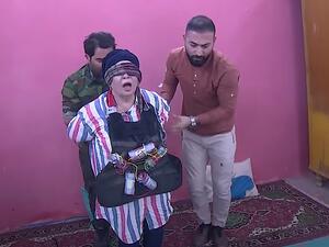 The terrified actress, pictured with a fake suicide vest, was terrified and kept praying and screaming as she was led outside 