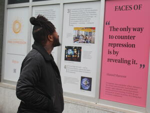 The exhibit, which draws from IFEX’s Faces of Free Expression series that profiles “changemakers,” can be seen by anyone walking by on the street, housed in street-level windows of the massive, historic former Pittsburgh Post-Gazette building. 