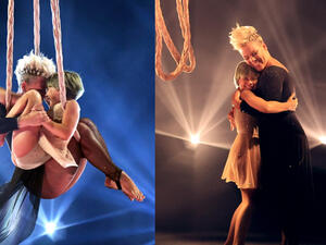 Pink and her 9-year-old daughter showed off their powerful gymnastic skills as they spun in the air in a jaw-dropping performance.