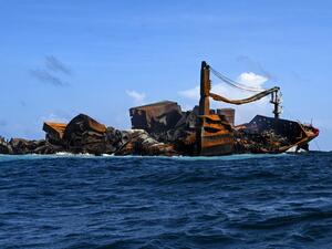 The Singapore-registered container ship MV X-Press Pearl carrying hundreds of tonnes of chemicals and plastics, sinks after burning for almost two weeks, just outside Colombo's harbour 