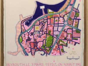 WANDERING CITY #15 2021, Markers, pigments and acrylic on cotton canvas, embroidery in cotton threads