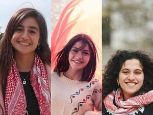 Ruba Assi (L) was sentenced to 21 months in prison by an Israeli military "court". Shatha Altaweel (center) was sentenced to 14 months and Lyan Kayed (R) to 16. They are all Birzeit university students persecuted for their student activism. 