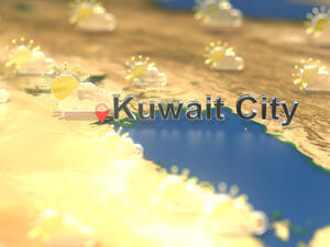 Kuwait city and partly cloudy weather icon on the map