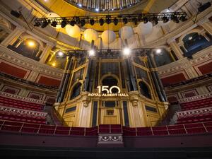 A 150 anniversary sign is seen inside the Royal Albert Hall in London on July 15, 2021. London's iconic Royal Albert Hall is celebrating its 150th birthday with a concert 