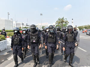 Bangkok - February 7, 2021: Crowd Control Police Acting at the United Nations In Thailand While there are Myanmar people Living in Thailand Come to protest against the coup in Myanmar. Release Journalists Wrongfully Detained, Sentenced