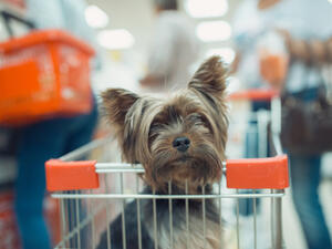Cute little puppy dog sitting in a shopping cart