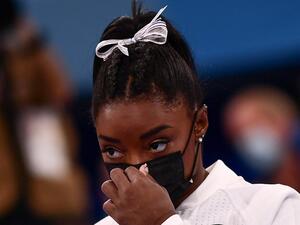 USA's Simone Biles looks on during the artistic gymnastics women's team final during the Tokyo 2020 Olympic Games at the Ariake Gymnastics Centre in Tokyo on July 27, 2021. (Photo: AFP)
