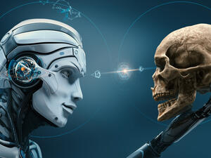 Robot with Artificial Intelligence observing human skull in Evolved Cybernetic organism world. 3d rendered image “It’s feasible and essential to draw the line now on problematic emerging technologies by negotiating a new international treaty to retain meaningful human control over the use of force,” Docherty said. “There should be no more delays.”