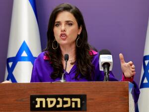 Israeli Interior Minister Ayelet Shaked gives a statement at the Knesset (Parliament) in Jerusalem on July 5, 2021. / AFP / Menahem KAHANA Israeli interior minister meets her Emirati counterpart