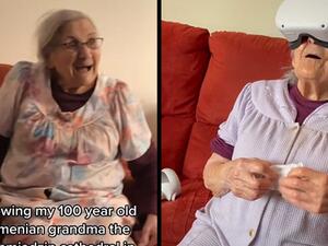 100-year-old grandmother using a VR headset to explore her childhood cathedral