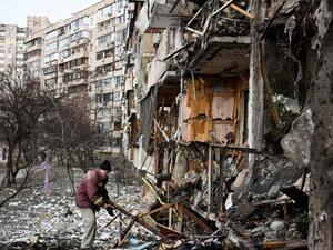 A damaged residential building at Koshytsa Street, a suburb of Kyiv. Photograph: Daniel Leal/AFP via Getty