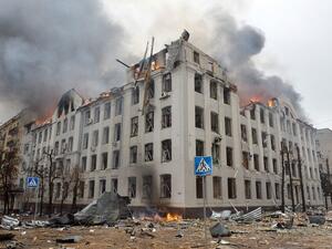 Firefighters work to contain a fire at the Economy Department building of Karazin Kharkiv National University.