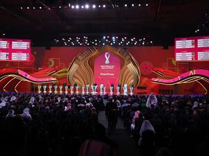 A picture shows a general view during the draw for the 2022 World Cup in Qatar at the Doha Exhibition and Convention Center on April 1, 2022. (Photo by FRANCK FIFE / AFP)
