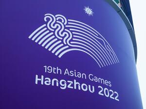 A logo of the 2022 Asian Games is seen in Hangzhou, in China's eastern Zhejiang province on May 6, 2022. (Photo by AFP)