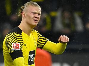 Dortmund's Norwegian forward Erling Braut Haaland reacts during the German first division Bundesliga football match BVB Borussia Dortmund v FC Bayern Munich in Dortmund, western Germany,. Manchester City said Tuesday, May 10, they had reached an agreement in principle with Borussia Dortmund to sign striker Erling Haaland. (Photo by Ina Fassbender / AFP)