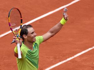 Spain's Rafael Nadal reacts after winning their men's singles match against Australia's Jordan Thompson at the Court Philippe-Chatrier on day two of the Roland-Garros Open tennis tournament in Paris on May 23, 2022. (Photo by Thomas SAMSON / AFP)