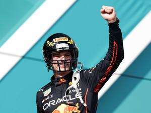 Race winner Max Verstappen of the Netherlands and Oracle Red Bull Racing celebrates on the podium during the F1 Grand Prix of Miami at the Miami International Autodrome on May 08, 2022 in Miami, Florida. Mark Thompson/Getty Images/AFP (Photo by Mark Thompson / GETTY IMAGES NORTH AMERICA / Getty Images via AFP)