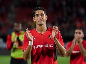 Rennes' Moroccan defender Nayef Aguerd celebrates after victory in the Conference Europa league football match between Rennes and Rosenborg at the Rohazon Park Stadium in Rennes, western France, on August 19, 2021. (Photo by LOIC VENANCE / AFP)