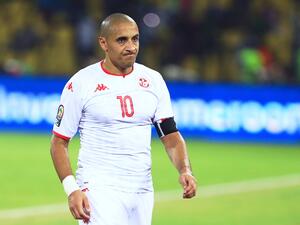 Tunisia's forward Wahbi Khazri reacts after winning the Africa Cup of Nations (CAN) 2021 round of 16 football match between Nigeria and Tunisia at Stade Roumde Adjia in Garoua on January 23, 2022. (Photo by Daniel BELOUMOU OLOMO / AFP)
