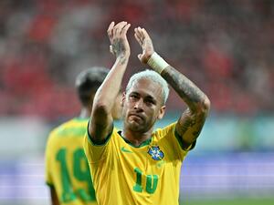 Brazil's forward Neymar celebrates his goal during the international football friendly match between South Korea and Brazil at Seoul World Cup Stadium in Seoul on June 2, 2022. (Photo by JUNG YEON-JE / AFP)
