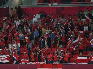 Costa Rica supporters celebrate their opening goal during the FIFA World Cup 2022 inter-confederation play-offs match between Costa Rica and New Zealand on June 14, 2022, at the Ahmed bin Ali Stadium in the Qatari city of Ar-Rayyan. (Photo by Mustafa ABUMUNES / AFP)