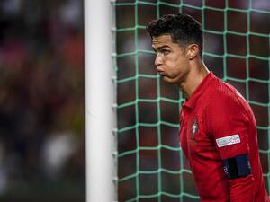 Portugal's forward Cristiano Ronaldo reacts during the UEFA Nations League, league A group 2 football match between Portugal and Czech Republic at the Jose Alvalade stadium in Lisbon on June 9, 2022. (Photo by PATRICIA DE MELO MOREIRA / AFP)