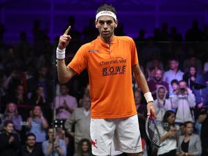 Egypt's Mohamed el-Shorbagy reacts after winning the PSA Dubai Squash World Series Finals 2018 at Dubai Emirates Golf club in Dubai on June 9, 2018. (Photo by KARIM SAHIB / AFP)