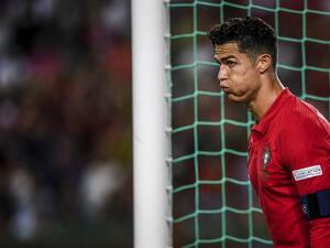 Portugal's forward Cristiano Ronaldo reacts during the UEFA Nations League, league A group 2 football match between Portugal and Czech Republic at the Jose Alvalade stadium in Lisbon on June 9, 2022. (Photo by PATRICIA DE MELO MOREIRA / AFP)