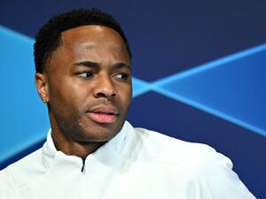 Manchester City's English midfielder Raheem Sterling attends a press conference at the Manchester City training ground in Manchester, north west England, on April 25, 2022, on the eve of their UEFA Champions League semi-final first leg football match against Real Madrid. (Photo by Oli SCARFF / AFP)