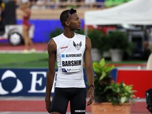 Qatar's Mutaz Essa Barshim reacts after competing in the High Jump Men event at the Wanda Diamond League athletics meeting at the Louis II Stadium in Monaco on August 10, 2022. (Photo by Valery HACHE / AFP)