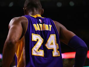 A detail of Kobe Bryant #24 of the Los Angeles Lakers' jersey during the second quarter against the Boston Celtics at TD Garden on December 30, 2015 in Boston, Massachusetts. Maddie Meyer/Getty Images/AFP (Photo by Maddie Meyer / GETTY IMAGES NORTH AMERICA / Getty Images via AFP)