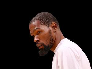 Kevin Durant #7 of the Brooklyn Nets warms up before Game Four of the Eastern Conference First Round Playoffs against the Boston Celtics at Barclays Center on April 25, 2022 in the Brooklyn borough of New York City. Elsa/Getty Images/AFP (Photo by ELSA / GETTY IMAGES NORTH AMERICA / Getty Images via AFP)