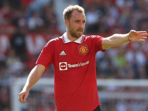Manchester United's Danish midfielder Christian Eriksen gestures during a pre-season club friendly football match between Manchester United and Rayo Vallecano at Old Trafford in Manchester, north west England, on July 31, 2022. (Photo by Nigel Roddis / AFP)