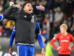 Leicester City’s French defender Wesley Fofana celebrates after the UEFA Europa Conference League round of 16 second leg football match between Rennes and Leicester City at the Roazhon Park stadium in Rennes, on March 17, 2022. (Photo by DAMIEN MEYER / AFP)
