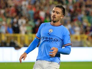 Jack Grealish of Manchester City reacts during the pre-season friendly match between Bayern Munich and Manchester City at Lambeau Field on July 23, 2022 in Green Bay, Wisconsin. Justin Casterline/Getty Images/AFP (Photo by Justin Casterline / GETTY IMAGES NORTH AMERICA / Getty Images via AFP)