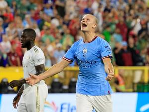 Erling Haaland of Manchester City reacts during the pre-season friendly match between Bayern Munich and Manchester City at Lambeau Field on July 23, 2022 in Green Bay, Wisconsin. Justin Casterline/Getty Images/AFP (Photo by Justin Casterline / GETTY IMAGES NORTH AMERICA / Getty Images via AFP)