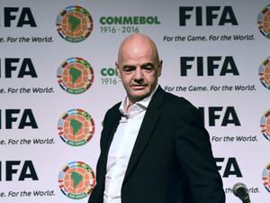 FIFA President, Swiss Gianni Infantino, arrives for a press conference at the Conmebol headquarters in Luque, Paraguay on March 28, 2016. Infantino will start a South American tour that will take him to Uruguay, Bolivia and Colombia. AFP PHOTO/ NORBERTO DUARTE (Photo by NORBERTO DUARTE / AFP)