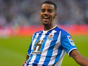 Real Sociedad's Swedish forward Alexander Isak celebrates scoring his team's first goal during the Spanish league football match between Real Sociedad and Villarreal CF at the Anoeta stadium in San Sebastian on December 18, 2021. (Photo by ANDER GILLENEA / AFP)