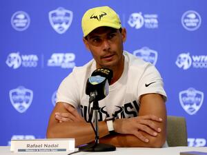 Rafael Nadal of Spain fields questions from the media during the Western & Southern Open at Lindner Family Tennis Center on August 14, 2022 in Mason, Ohio. Matthew Stockman/Getty Images/AFP (Photo by MATTHEW STOCKMAN / GETTY IMAGES NORTH AMERICA / Getty Images via AFP)
